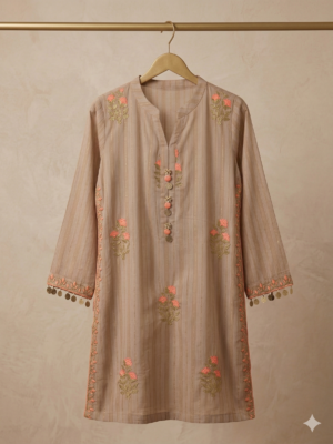 Embroidered Beige Striped Shirt