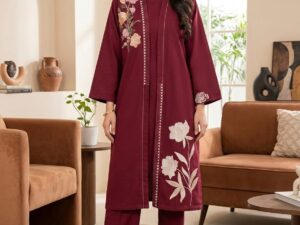 2 Pc Embroidered Crosshatch Long Jacket