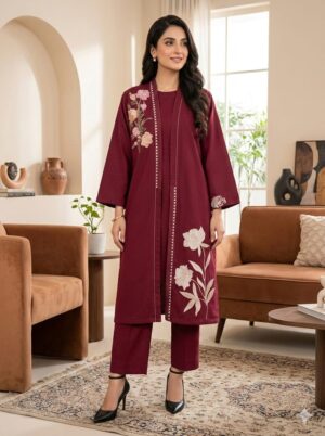 2 Pc Embroidered Crosshatch Long Jacket