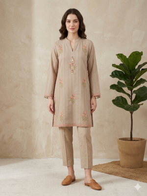 embroidered beige striped shirt