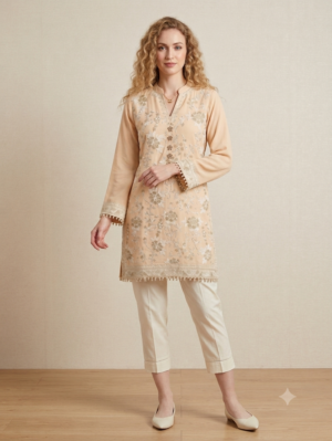 embroideried and lite motif work beige kurta