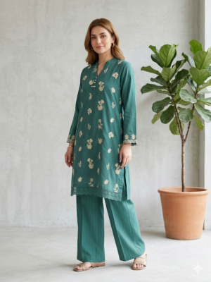 embroidered green kurta set